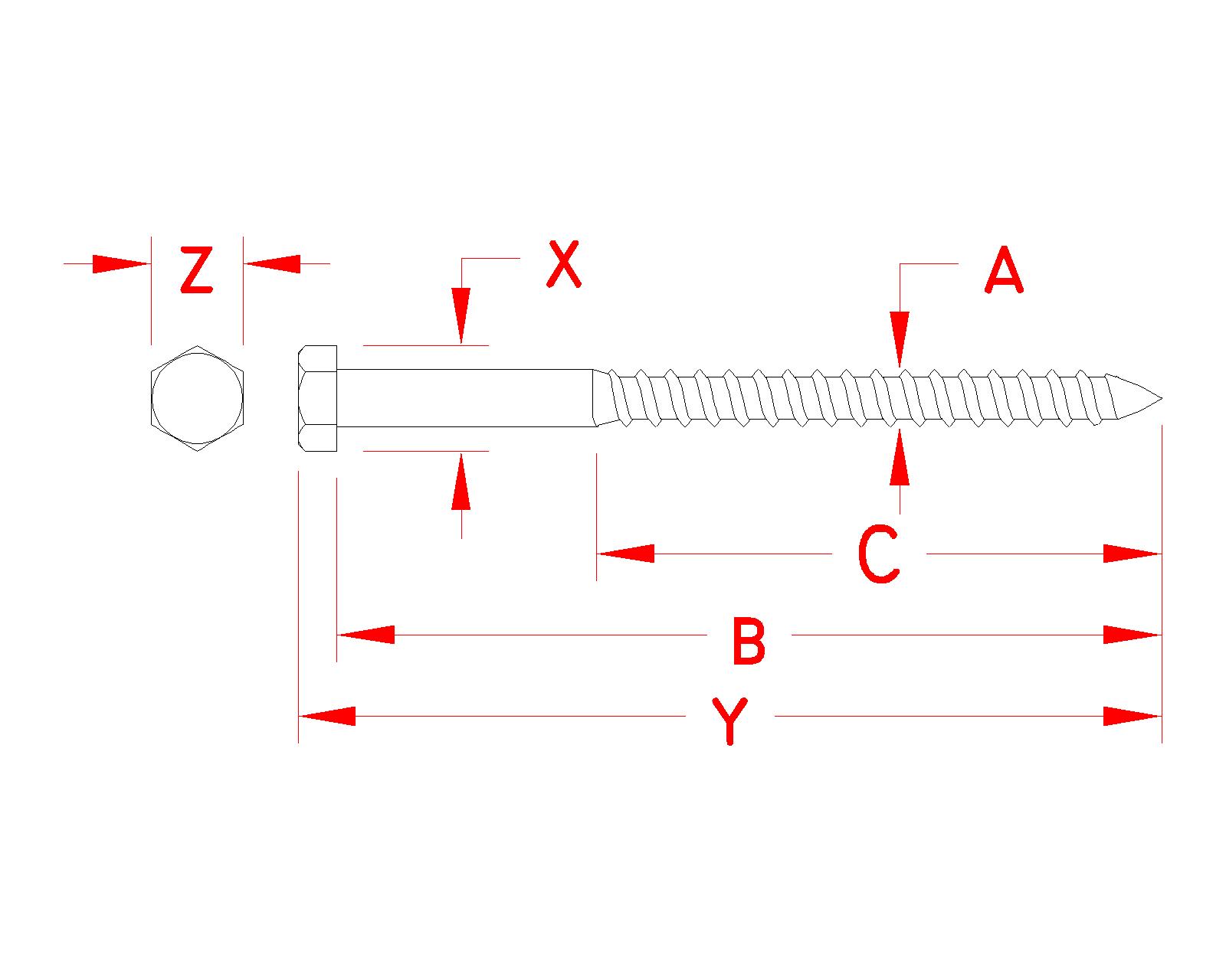 Stainless Steel Lag Screw, S0335-07150, S0335-07250, S0335-10150, S0335-10250, S0335-13150, S0335-13250, S0335-16300, Line Drawing